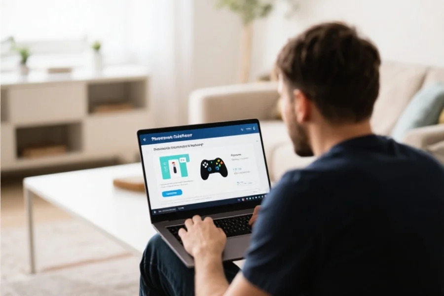 一位新手玩家在明亮舒适的家庭环境中，专注于笔记本电脑屏幕，显示正在浏览娱乐平台教程