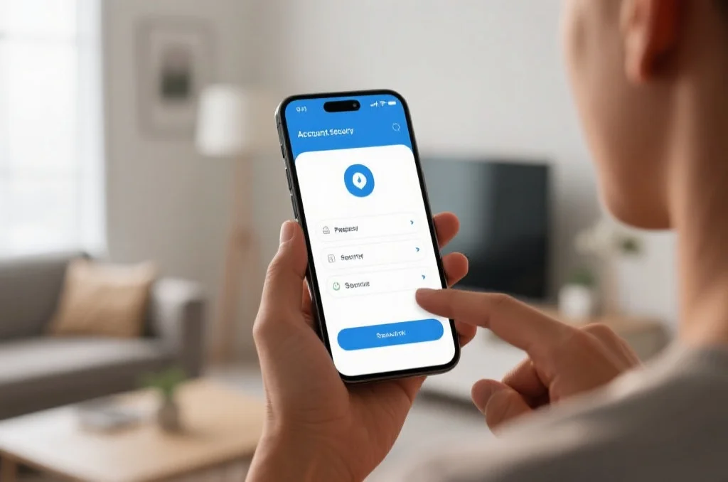 一位用户正在手机上设置账户安全,屏幕上显示着密码和安全验证选项,背景为现代家庭环境