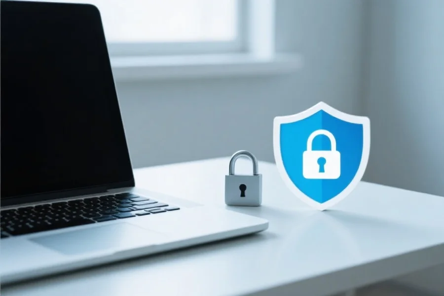一张桌面上有笔记本电脑,旁边放着锁和安全盾牌图标,象征网络安全