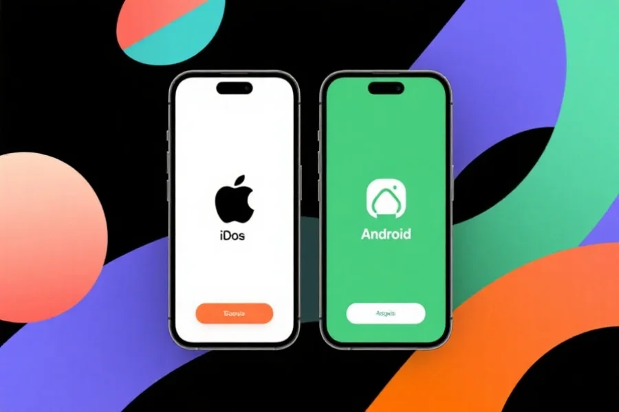 抽象风格展示iOS与Android手机设备，并列展示APP安装界面，简洁明快