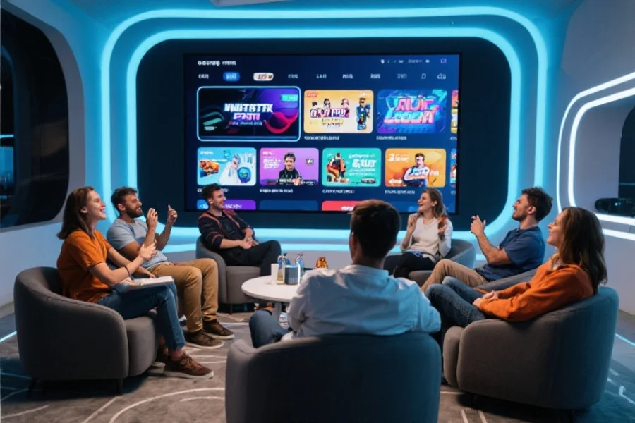 多人围坐在现代化娱乐空间中愉快互动，屏幕上展示各类数字娱乐内容